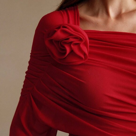 Burgundy Elegant one Shoulder Chiffon Blouse With 3d Floral Detailed - Picture 2 of 7